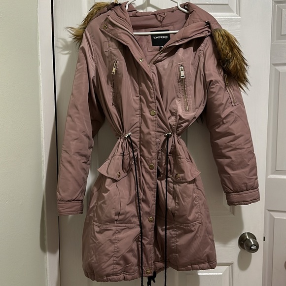 Bebe - Women’s Pink/Mauve Parka Coat Fur Hood - Picture 14 of 14